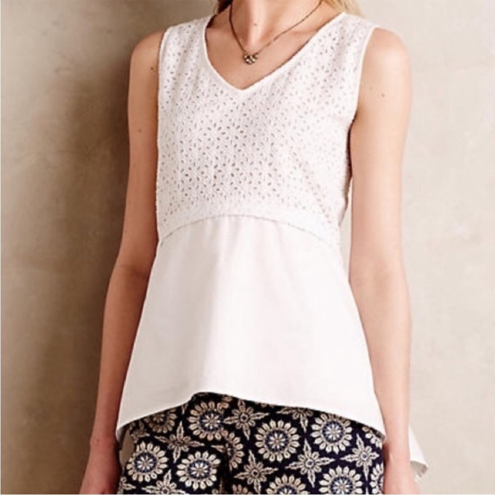 Anthropologie Eyelet Hi Low Empire Waist Blouse by HD in Paris White Size S